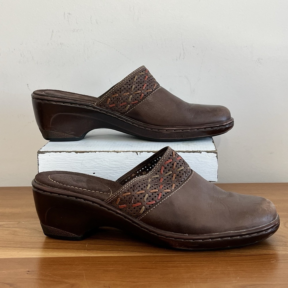 Croft & Barrow Dianna Brown Leather Upper Block Heel‎ Mules W Weaving Accent 6.5